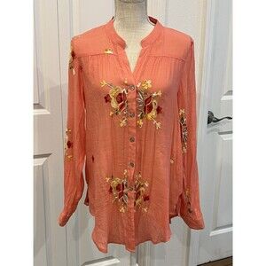 Hope Springs Womens Blouse Coral  Floral Embroidered Boho Button Front Top L